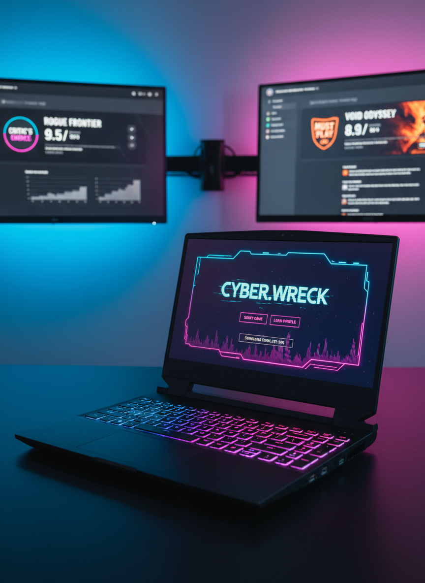 A sleek black gaming laptop with angular RGB-lit keyboard and a sharp, neon-accented game menu glowing on its screen, open on a clean matte-black desk. In the background, two large monitors display different game review dashboards with bold rating badges and minimal UI, softly blurred. Cool blue and magenta LED strip lights wash the wall, creating a high-contrast glow that reflects subtly on the laptop’s brushed metal surface. Photographic realism, shot from a slightly elevated three-quarter angle with shallow depth of field, emphasizing the laptop as the focal point. The mood is bold, fast, and tech-forward, perfectly capturing the intensity of modern gaming reviews and the “before you download” decision moment.