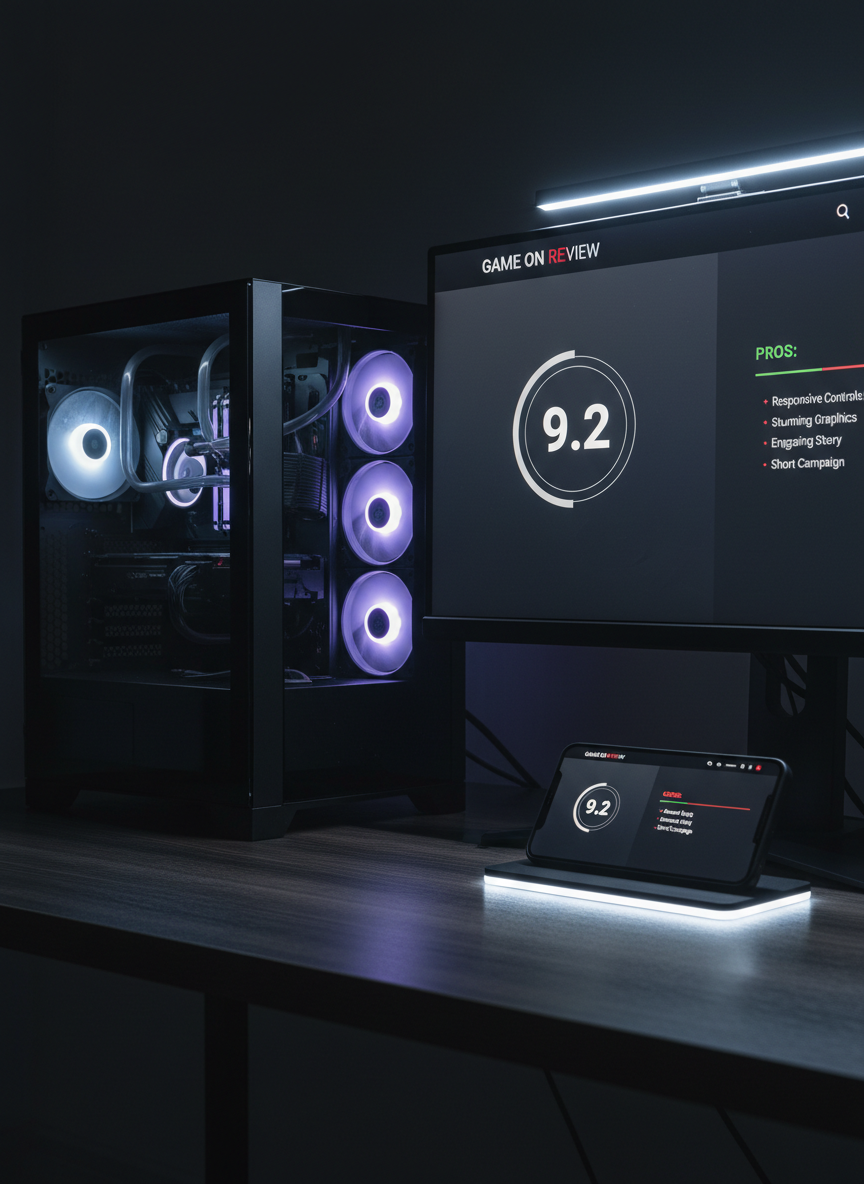 gaming reviews A modern dual-platform gaming setup with a powerful desktop PC tower featuring transparent tempered glass side panel, visible liquid cooling tubes, and RGB fans, positioned beside a high-end smartphone resting on a slim wireless charging pad. Both screens display different sections of a clean, bold gaming review site: one showing a numeric score, the other a concise pros and cons breakdown. The desk is dark wood with a subtle grain, illuminated by sharp, focused white LED key lights from above, creating crisp reflections and defined edges. Photographic realism from an eye-level angle, with a balanced composition that showcases both PC and mobile equally. The atmosphere is confident, efficient, and analytical, underlining fast cross-platform game evaluations.